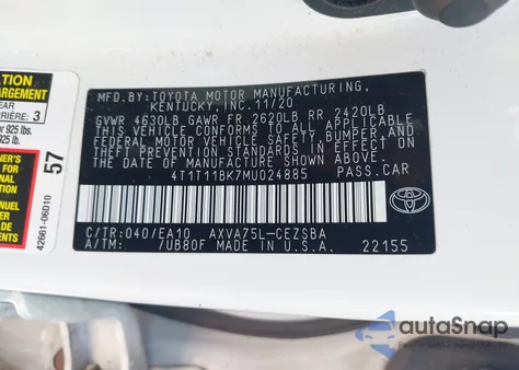 2021 Toyota Camry Se Awd z USA, uszkodzony, nr VIN 4T1T11BK7MU024885